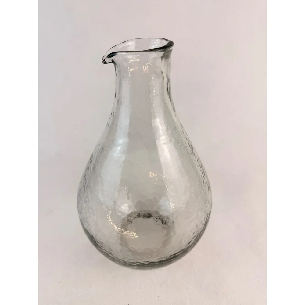 Hand Blown Hammered Glass Carafe Teardrop Pitcher Clear‎ Art Glass 11.5